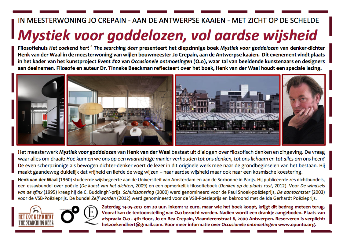 Het zoekend hert presenteert #mystiekvoorgoddelozen <a href="/Querido_nl/">Uitgeverij Querido</a> zaterdag in Antwerpen. Met lezingen van <a href="/TBeeckman/">Tinneke Beeckman</a> en mijzelf. Welkom!