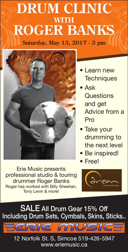 It's happening THIS Saturday 3pm! Drum Clinic at <a href="/ErieMusic/">Erie Music</a> with Roger Banks. Listen, Learn. Plus Free Stuff and drum gear on SALE.
