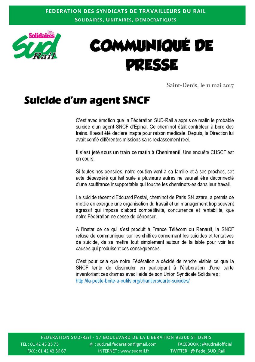 Fede_SUD_Rail's tweet photo. Cd #presse 
#Suicide d’un agent #SNCF 
Souffrance au #travail 
La @SNCF refuse de communiquer sur les chiffres concernant les suicides ! https://t.co/w0ErUAXQKk