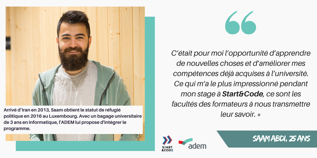 StartnCode's tweet photo. Saam Abdi, un jeune réfugié politique iranien, bénéficiaire de Start&amp;Code cette année vous raconte son histoire >> https://t.co/28nRRbeewJ https://t.co/fE72vyEdQp