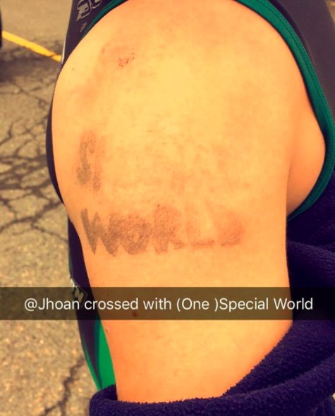 OneSpecialWorld's tweet photo. Huge shout out and thank you to Jhoan for crossing The Binghamton Triathlon with "One Special World" on his arm💙💚✌🏼️ https://t.co/r8L7YSgX0w