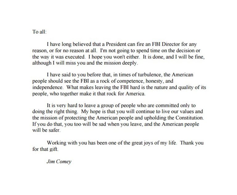 Letter from fired FBI Director Comey to FBI employees. | NBC Bay Area ...