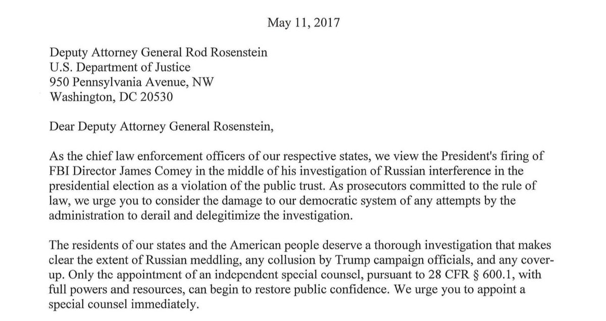 Joined with 19 AG colleagues to call for the appointment of a special counsel in wake of Comey firing. Needed to restore public confidence.