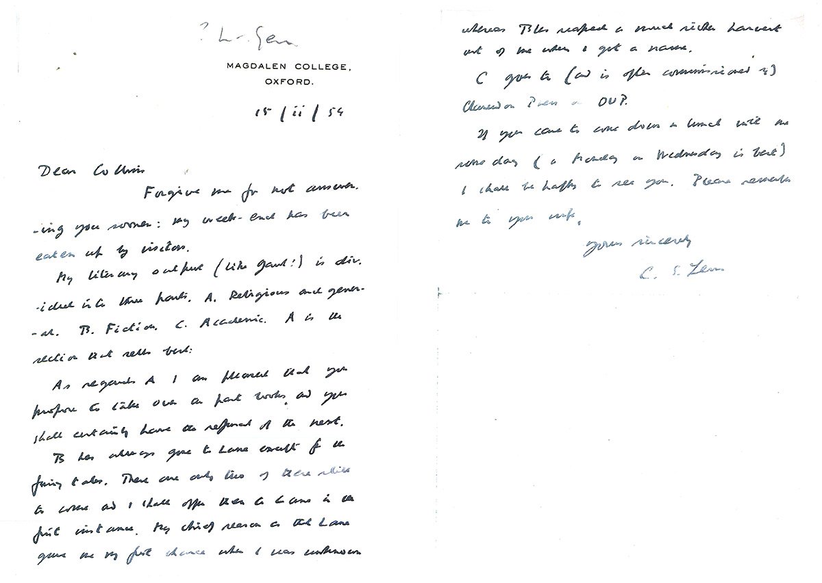 C S Lewis CSLewis A letter from CSLewis outlining his three types of "literary output" 1954