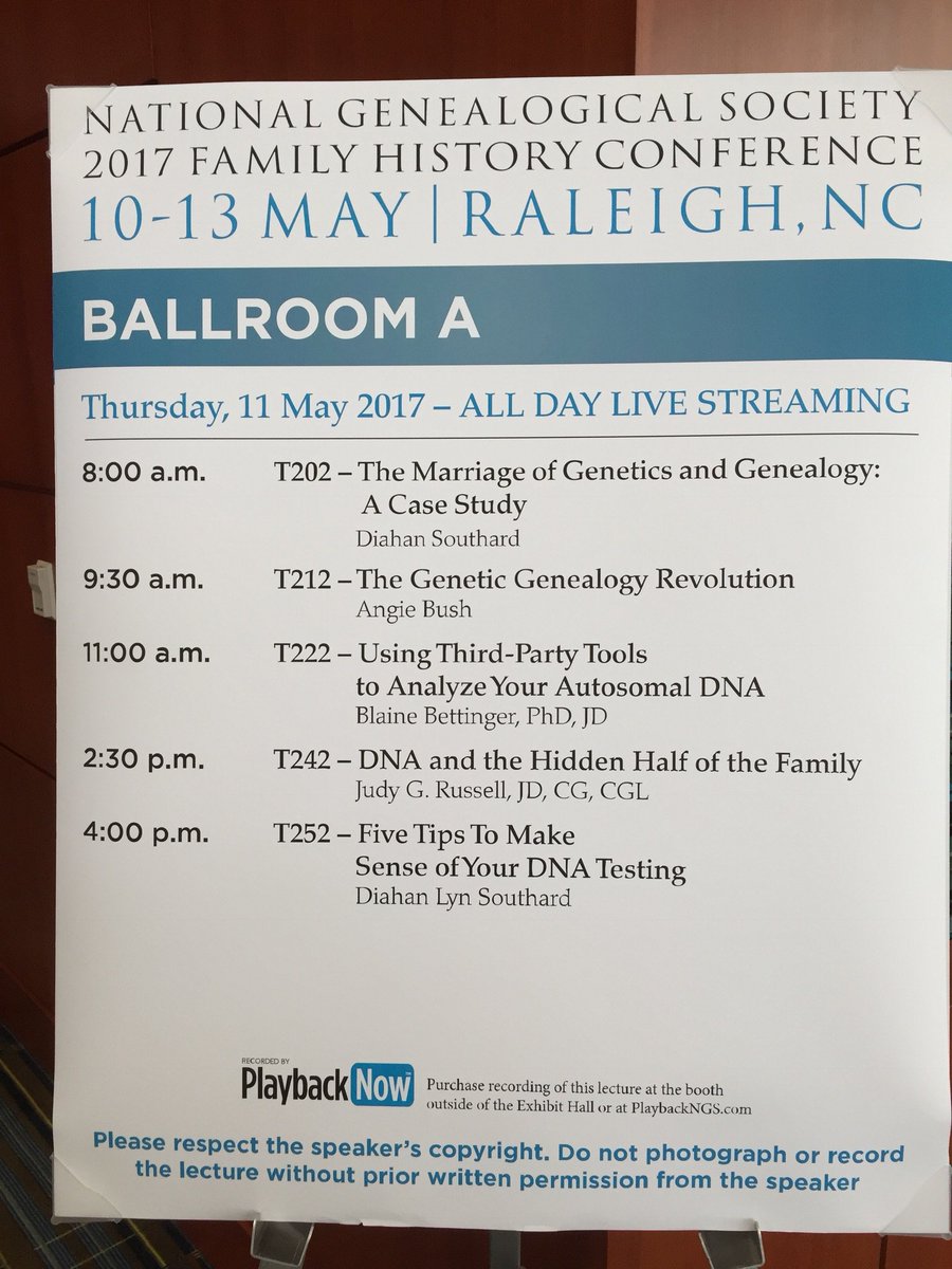 GedTree's tweet image. It makes it easy when your entire day's meetings are all in the same room. Not a single less-than-great session on the list!
#NGS2017GEN