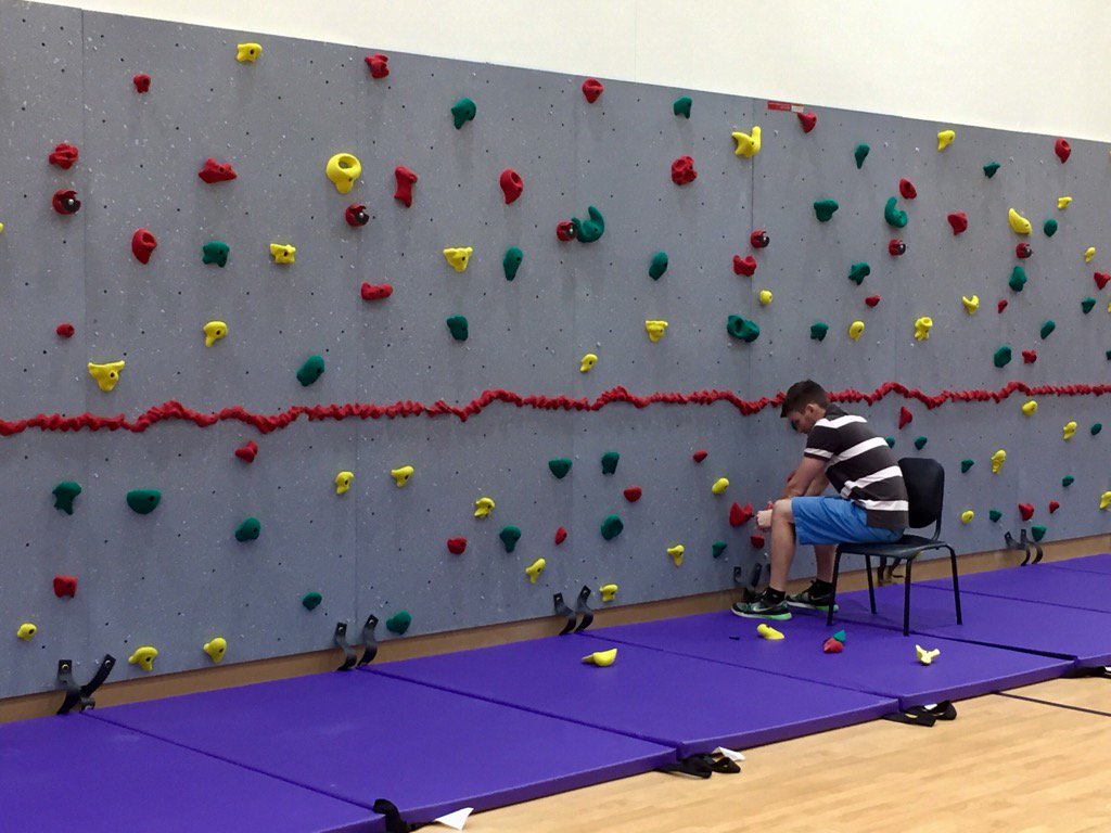 The climbing wall is in!! Mr. Aubrey and Ms Garrett set the wall today. We climb starting Monday.