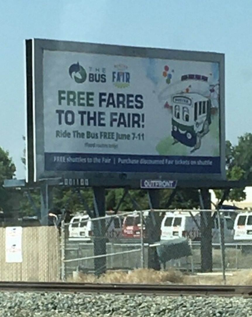 mercedthebus's tweet photo. LOOK! @BUSTERofMerced is on a billboard promoting our free fares and shuttle to @Merced_CA_Fair County Fair June 7-11! N. State Highway 59. https://t.co/CtRpkHXh5M