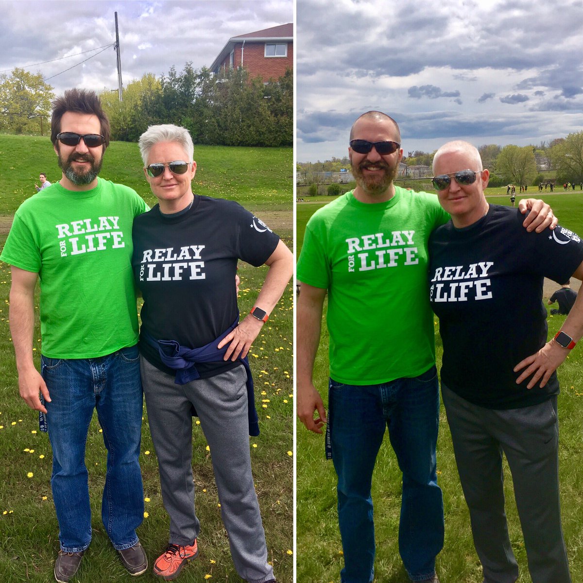 missaclarke's tweet photo. @Quinte_SS Mr Fischer &amp; Ms Woodley with freshly shaven heads to support Relay for Life! That means we've raised over $10,000!! @HPEschools 💙 https://t.co/hfNTmPewDO