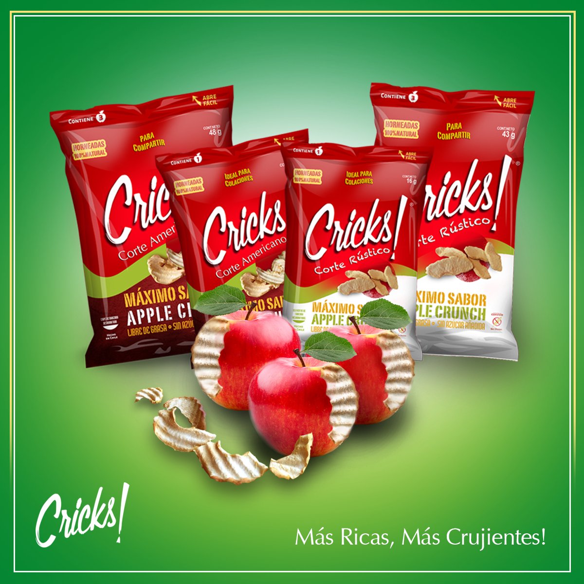 Crickscl's tweet image. ¡Tenemos manzanas crujientes para ti! Deliciosas #Cricks! que podrás encontrar en mercados y tiendas de conveniencia. ¡Disfruta este #snack!