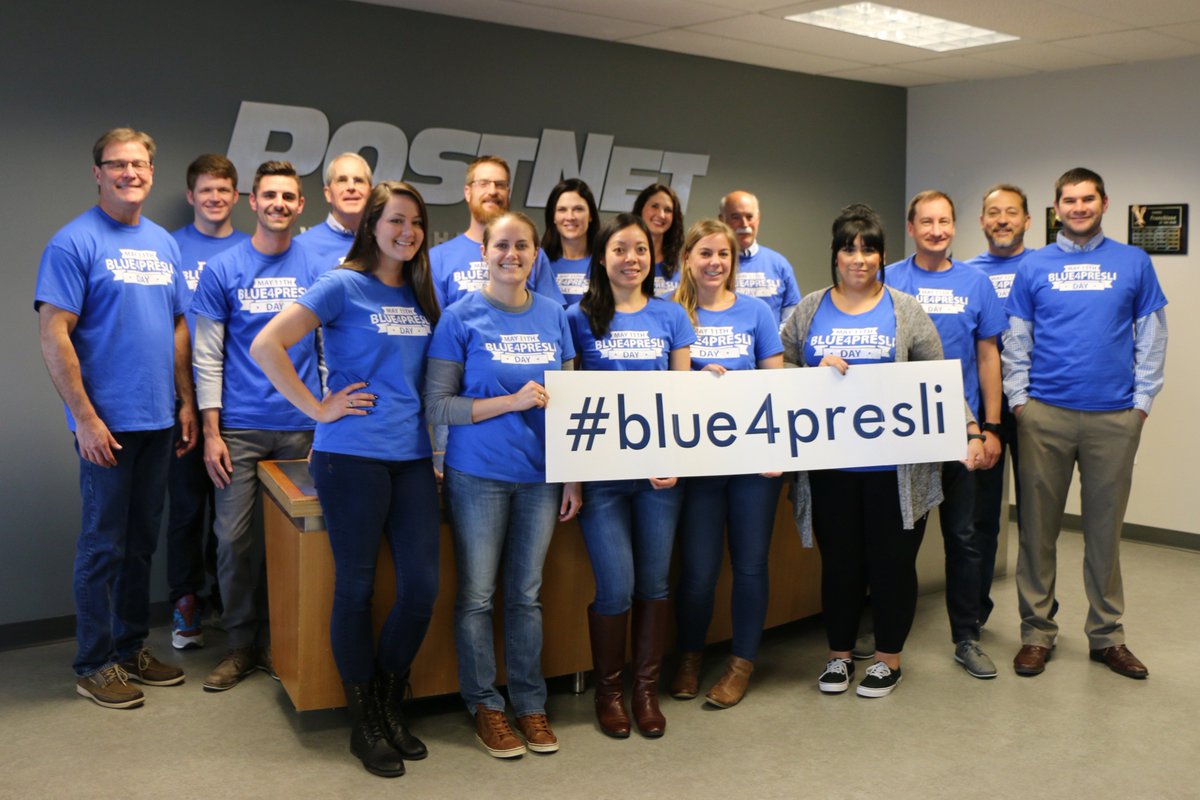 PostNet's tweet image. The @PostNet family wears #Blue4Presli to show our support for colleague, Andy Collins, and his daughter, Presli, on her surgery day. #EndNF