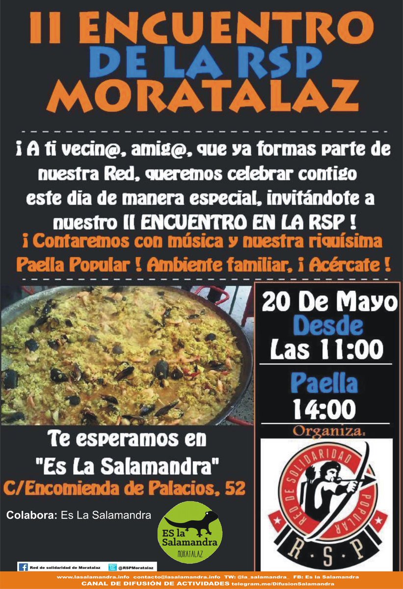 RSPMoratalaz's tweet photo. ¡Este próximo 20 de mayo ven con nosotros a celebrar el II ENCUENTRO DE LA RSP DE MORATALAZ! ¡Música, Paella Popular y mucho más! ¡DIFUNDE! https://t.co/PsJiIlsoEZ