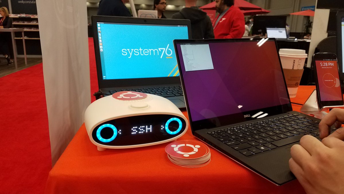 DustinKirkland's tweet image. .@mycroft_ai and @system76 on the @Ubuntu stand at #OSCON2017