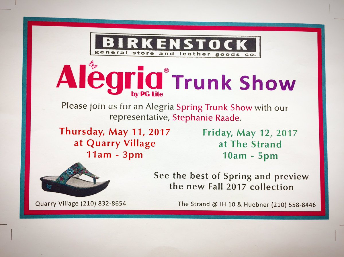 birkenstockGS's tweet photo. TRUNK SHOW! Huebner tmrw 10-5. @AlegriaNation will have styles from their Spring and Fall collection! #alegria #birkenstockgs https://t.co/ZFmnGZSQ8R