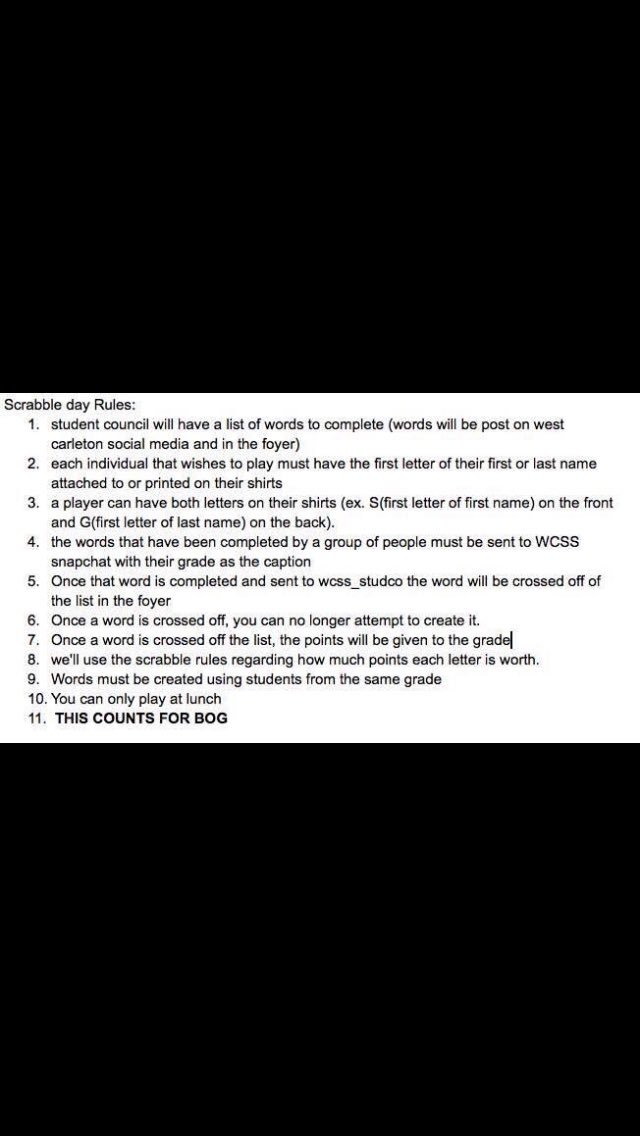 StudCoWCSS's tweet photo. HEY WEST HERES THE LIST OF RULES FOR SCRABBLE DAY TMR !!! have any questions? Feel free to ask! https://t.co/o5XhBfgzVf