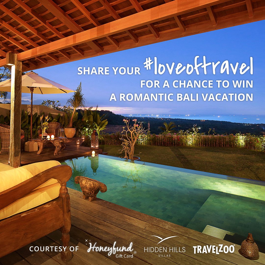 Honeyfund's tweet image. Enter for a chance to win a trip to Bali + $1,500 @Honeyfund Gift Card! travelzoo.com/blog/loveoftra… @Travelzoo @HiddenHillsBali    #loveoftravel