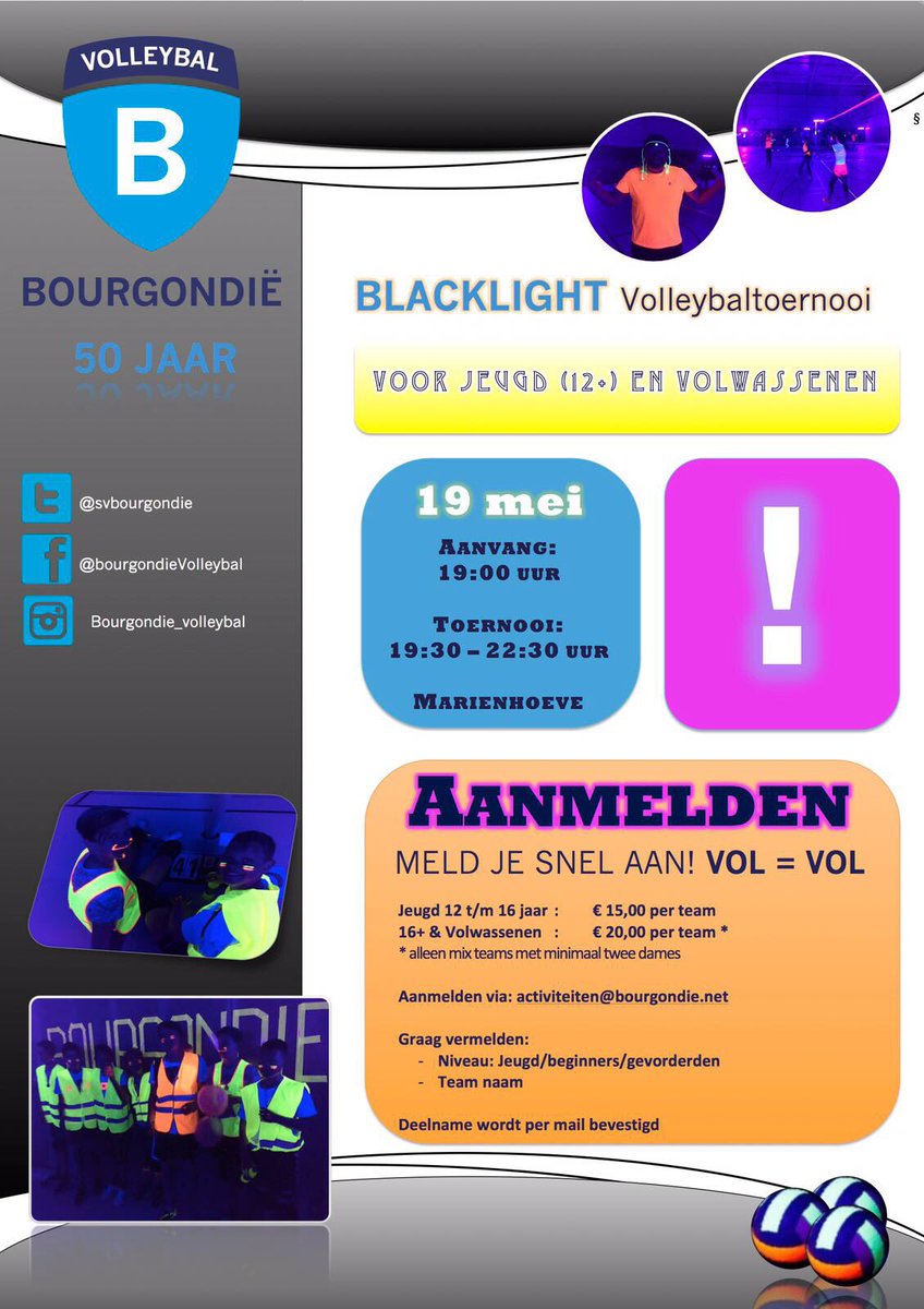 SVBourgondie's tweet photo. 19 mei Blacklight volleybal toernooi bij Bourgondië. Geef je snel per team op! #joinvolleybal #wijkbijduurstede #blacklight #bourgondie https://t.co/ePUbP8BnQn