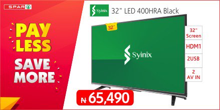 Penzaarville's tweet photo. Get the Syinix 32" LED TV for only N65,490 at any @SPARNigeria outlet around the country. https://t.co/BgGUpNa6DA
#PayLessSaveMore https://t.co/kZGyCsYB87
