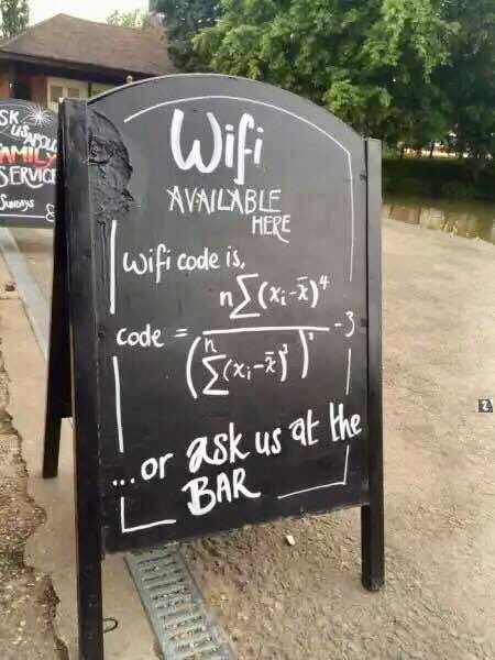 mathemaniac's tweet photo. Wifi code that looks like sample excess kurtosis - a measure of outlier problems in a data set.… hard to calculate without actual values! https://t.co/iz8a3V580U
