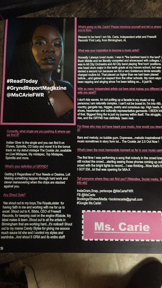 MsCarieDMD's tweet photo. Read today #GryndReport Magazine ! Out Now ! Featuring @MsCarieFWR <<< #Follow ! https://t.co/AIgzpjLME3