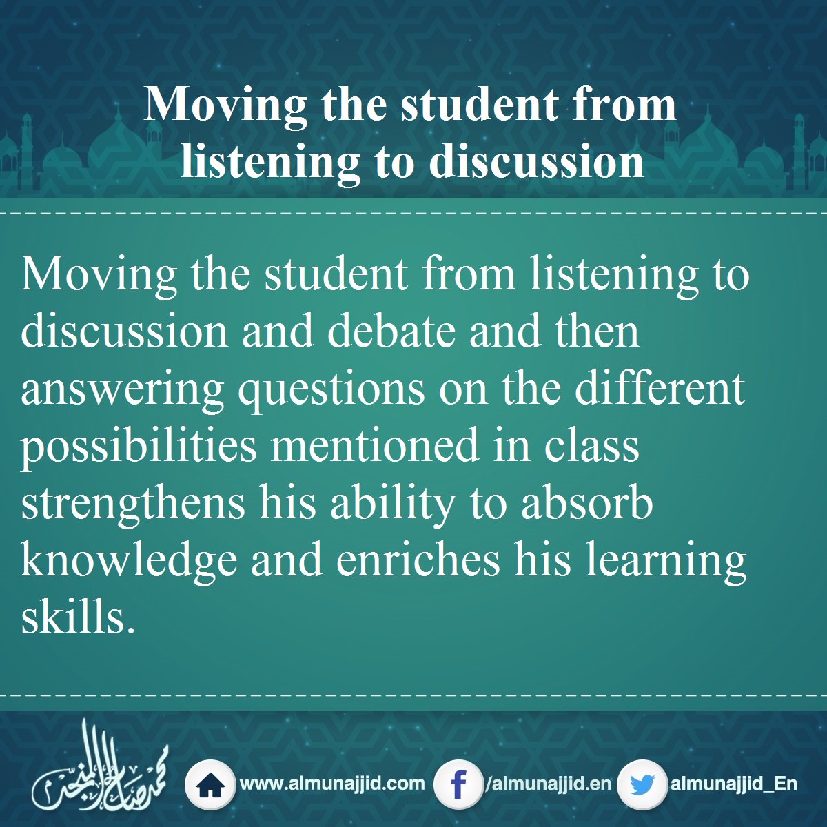 almunajjid_En's tweet photo. Moving the student from listening to discussion
#discussion #listening #knowledge #learning_skills https://t.co/YTaBpDvmCk