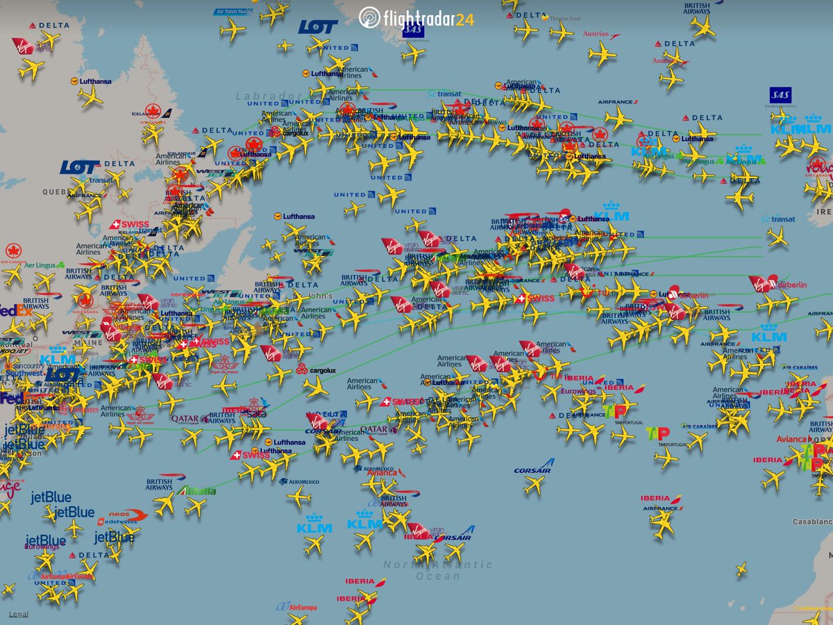 flightradar24's tweet image. Three groups of tracks across the Atlantic tonight.

📡 fr24.com/46.97,-42.33/5