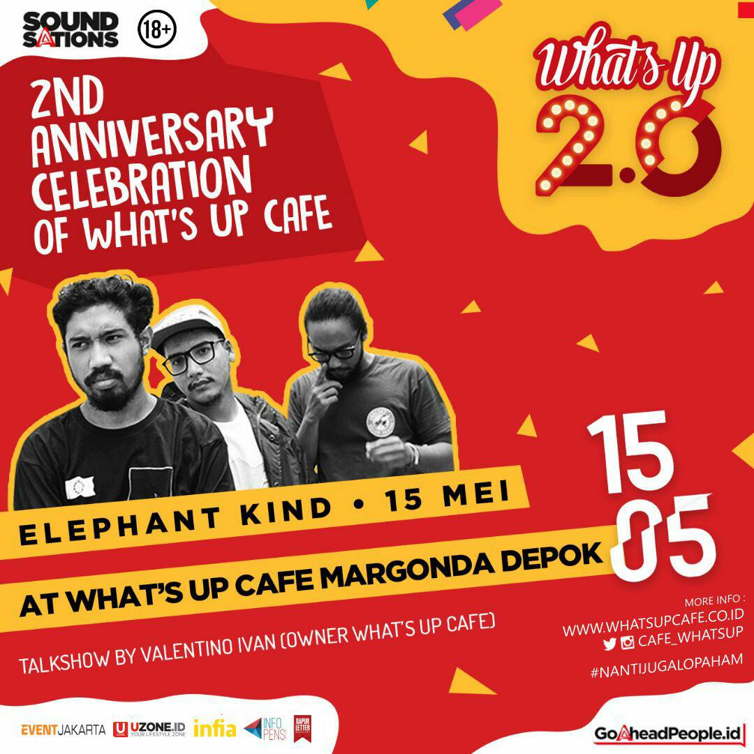 Cafe_WhatsUp's tweet image. WHAT'S UP 2.0! Mari Ramaikan!
13/5 Chapter Ciputat: @fourtwntymusic @winter_issue. 15/5 Chapter Depok: @elephantkind. #WhatsUpCafe