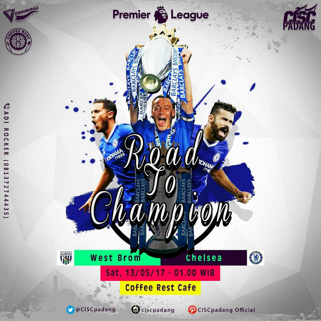 Road To Champion! 

West Brom vs Chelsea FC.
Jam 01:00 Dini hari nanti. 
Venue nonbar di Coffee Rest Cafe seperti biasa ya!