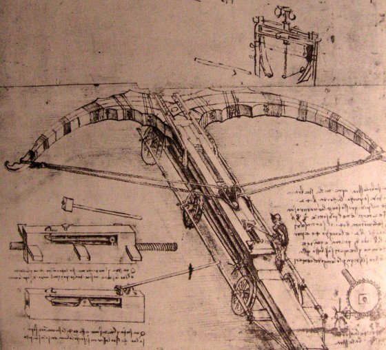 Rabbitislate's tweet image. Leonardo Da Vinci designed - but never constructed - a giant 25 meter long crossbow with six wheels for mobility #war #history