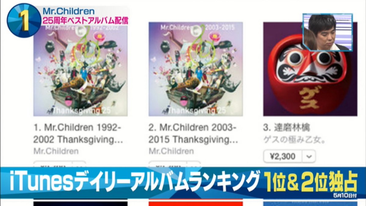 ぷれすと Mステ Mトピ１位はミスチル25周年