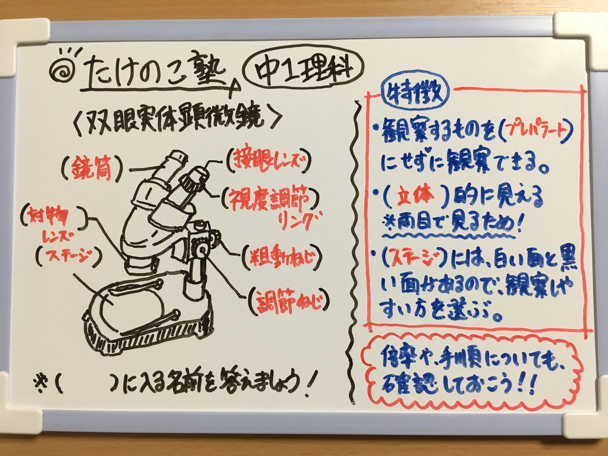 たけのこ塾 Di Twitter 中1理科 双眼実体顕微鏡に各部分の名前についての問題です 以下の名前が顕微鏡のどの部分なのか 考えてみましょう 接眼レンズ 鏡筒 視度調節リング 粗銅ねじ 調節ねじ 対物レンズ ステージ 答えと解説は 図をご覧