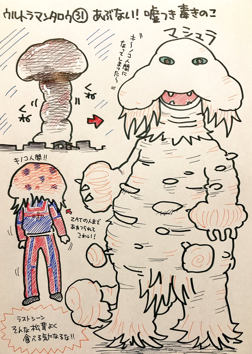 ウルトラマンタロウの怪獣をみた順に描きます。「あぶない！ 嘘つき毒