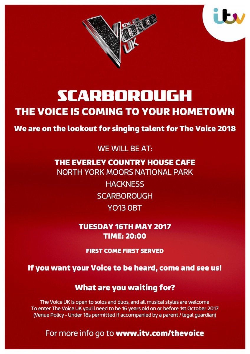 EverleyCafe's tweet photo. THIS TUESDAY!
The Voice are coming to the @EverleyCafe with their scouts to find new talent from #Scarborough! https://t.co/cPim72yFpA