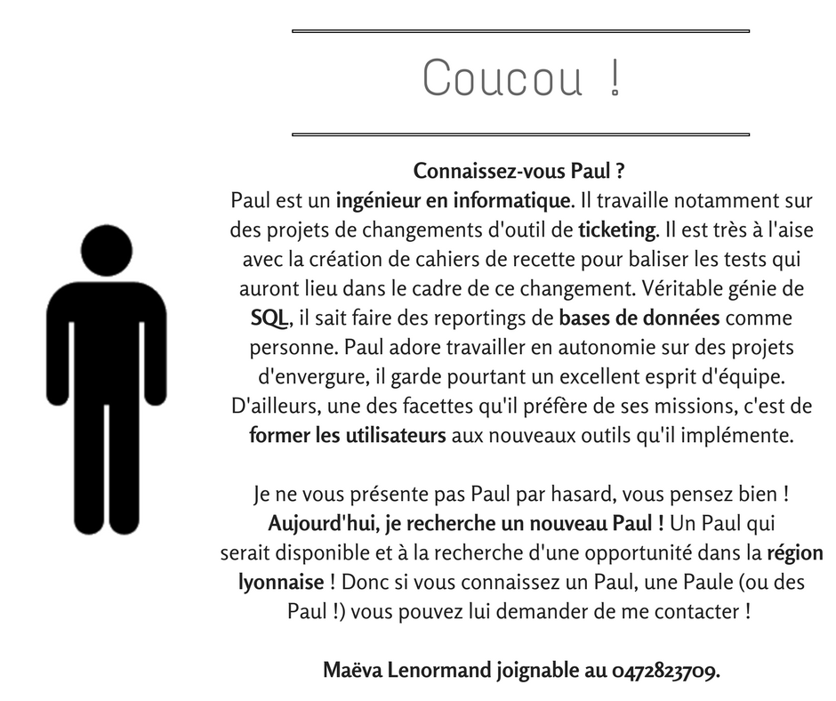 Maeva_Lnd's tweet photo. Coucou ! Je cherche Paul, tu le connais ? #Recrutement #IT https://t.co/q2TzDXPZPI