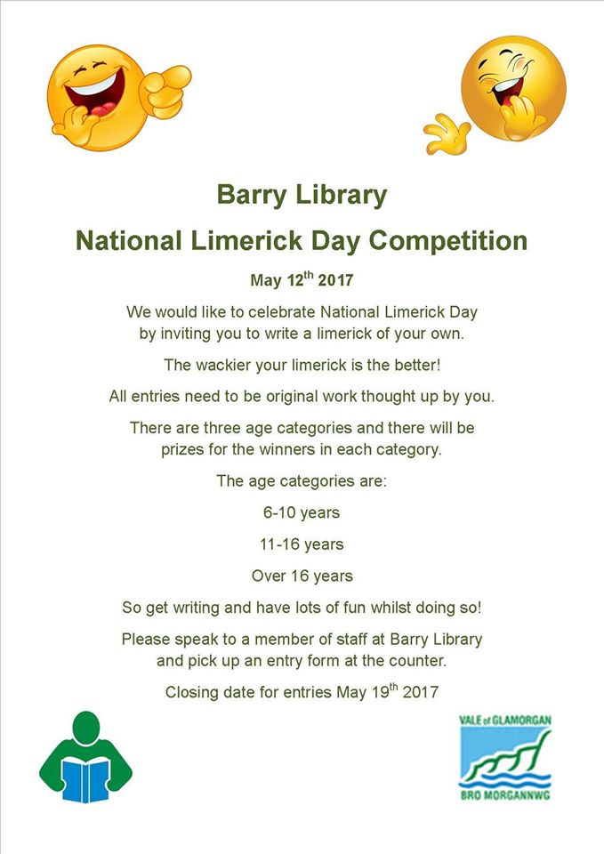 BarryLibrary's tweet photo. It's #NationalLimerickDay! Can you impress us with your clever rhymes? #barrylibrary #lovelibraries https://t.co/pzmKJ6KA5i