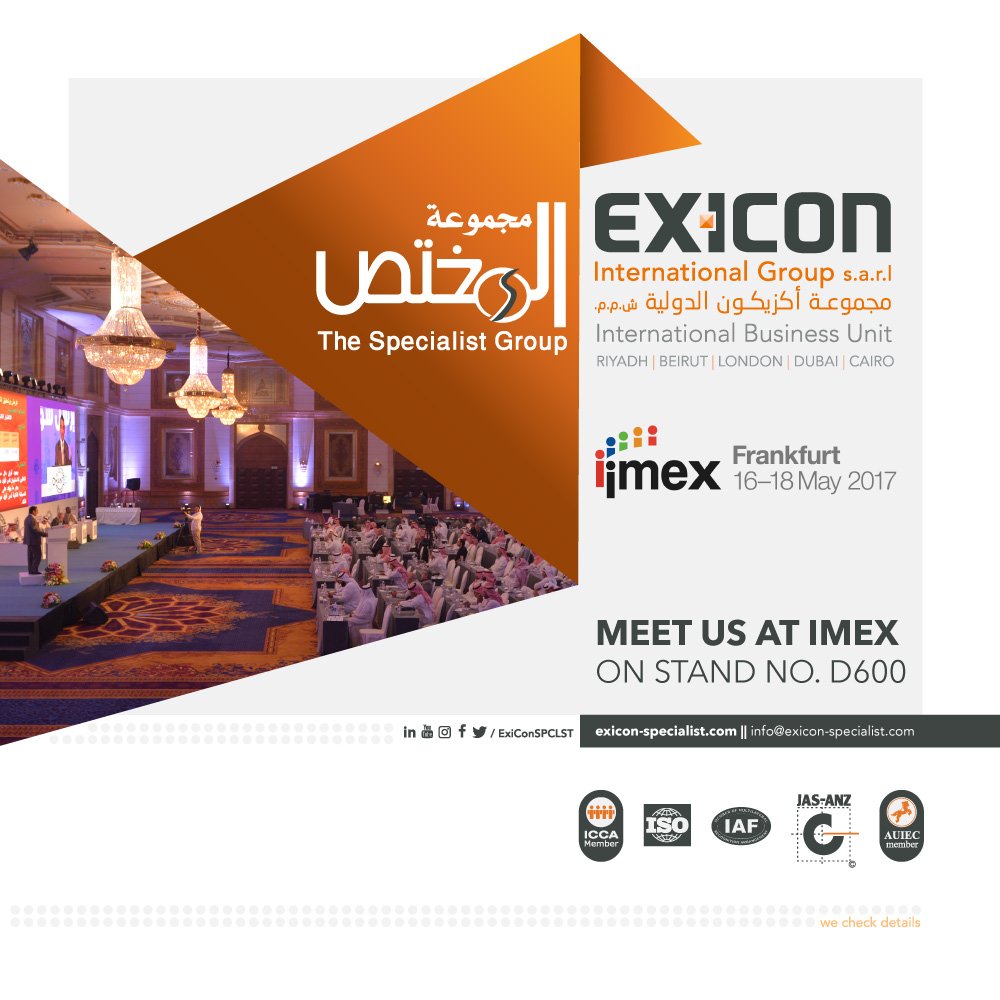 TSGExiCon's tweet photo. We are attending and looking forward to see you at our stand No. D600 in #IMEX17 #frankfurt #IMEX_Group #eventprofs #ExiconSPCLST https://t.co/0vGe80sR99