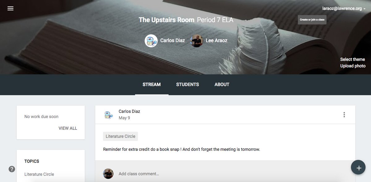 LeeAraoz's tweet photo. Student-Created Google Classroom Classes for Literature Circles
#edchat #edchatri 
@shfarnsworth @kemnitzer3 
https://t.co/8VofalzqXr… https://t.co/TR7BVv18XQ
