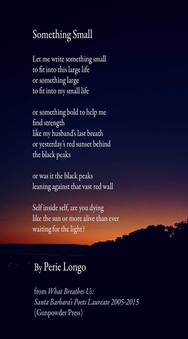 From Perie Longo, "Something Small" for your Friday #sbpoetry. Recommend you  reserve now for the sbpoetryworkshop.com