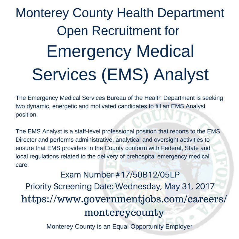 mocoemsa's tweet image. We are looking for 2 EMS Analysts.  Priority screening Wed 5/31 Apply here ow.ly/mbGh30bEt7o  #EMSCareers #Salinas #EMSOpenings