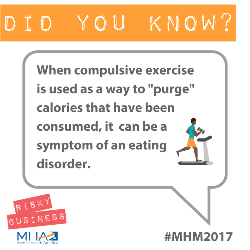MentalHealthAm's tweet photo. Too much of anything can become #RiskyBusiness. Learn more about #overexercise &amp; other #riskybusiness: https://t.co/6eMcBv0Vtk #MHM2017 https://t.co/j9UsoT7R0Q