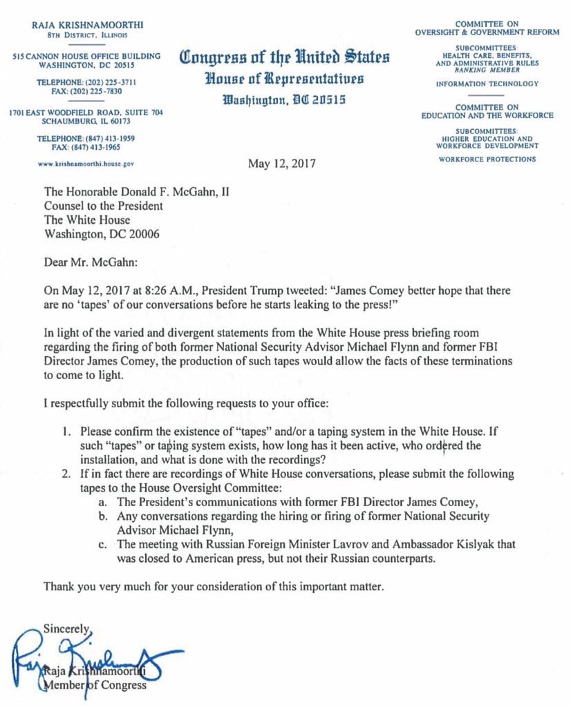 ALT_uscis's tweet photo. Congress just asked the White House consigliere to confirm / provide a copy of the Comey tape to the senate oversight committee. https://t.co/fKyZTUsmFx