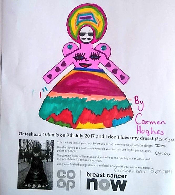 eve_cheryle's tweet photo. Love this from Carmen @bigpinkdress @CoopFuneralcare #Gateshead10k very arty! #designadress https://t.co/0Kix7IBavt
