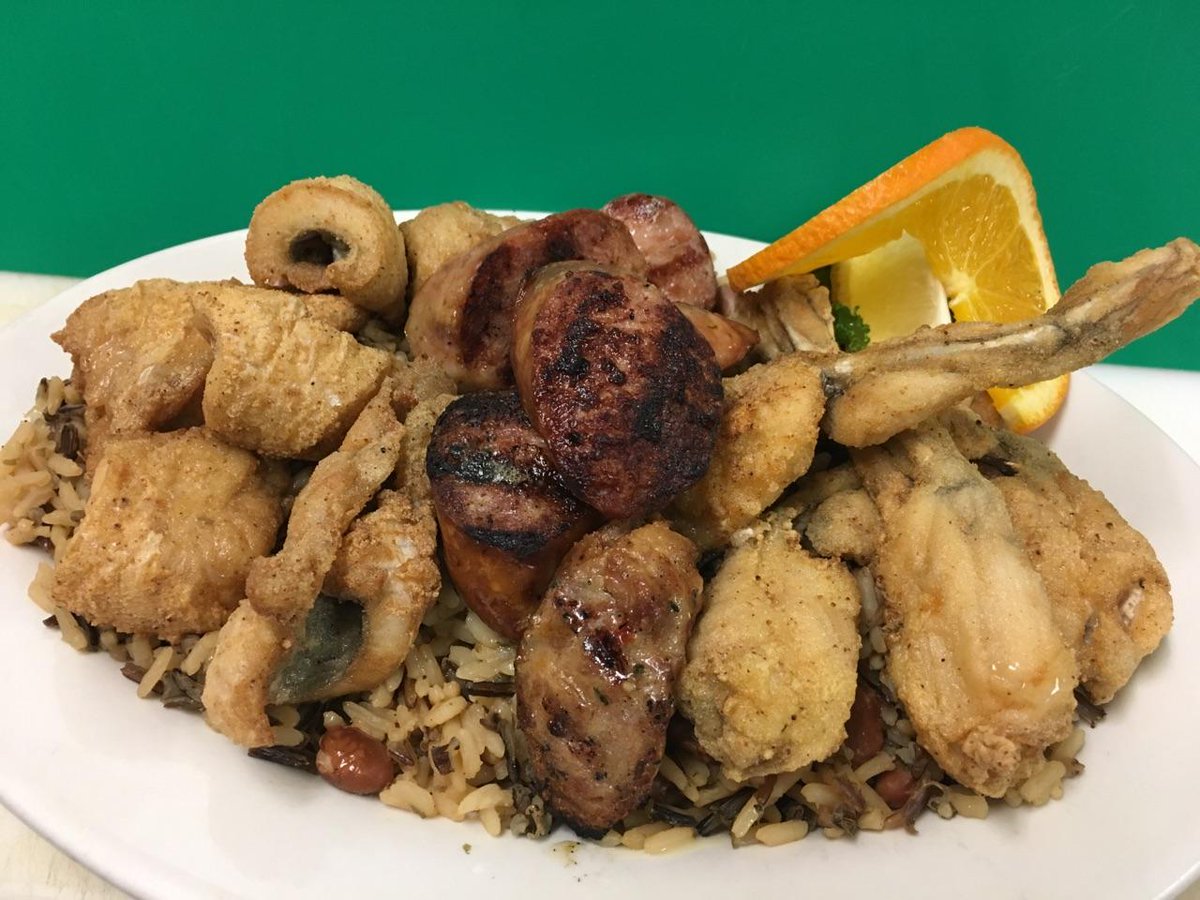 Introducing.....'The Swamp Thing'....Catfish nuggets, Alligator sausage and Frog legs, all served over dirty rice $17.99