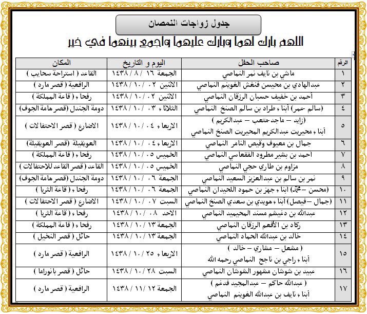 nmsaan1's tweet photo. #أفراح_النمصان 
#جدول_زواجات_النمصان 
15/8/1438 https://t.co/LOOa0AmxmK