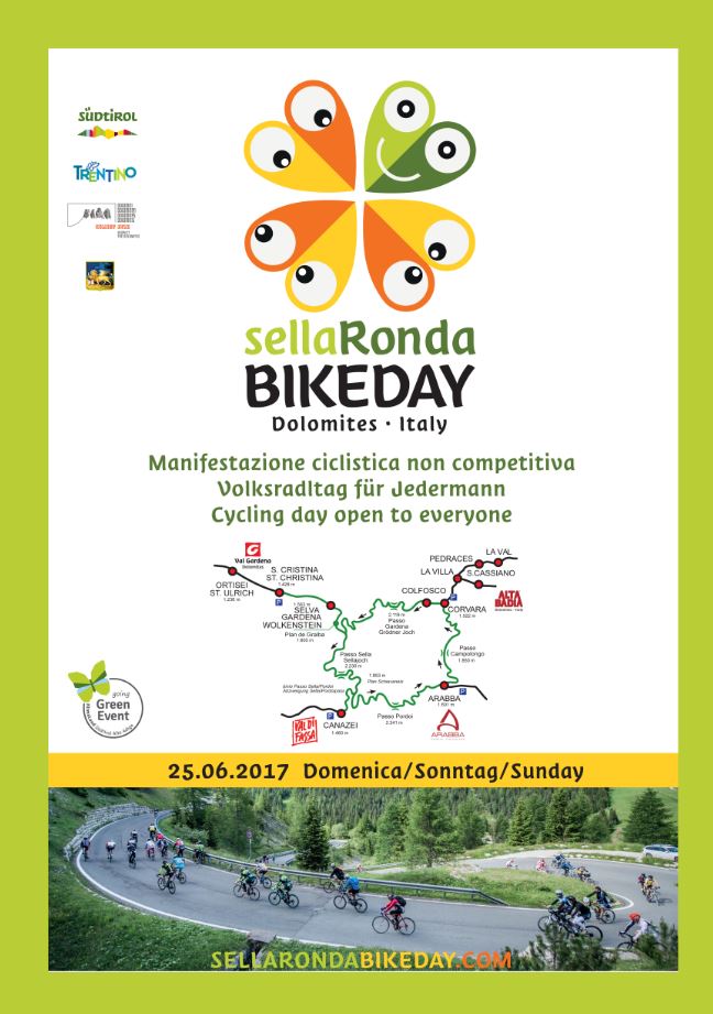 Pronti x il giro dei 4 passi?
25.06.2017 dalle 8.30-15.30 i passi dolomitici Sella, Gardena, Pordoi e Campolongo, riservati alle due ruote