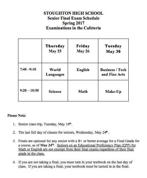 StoughtonPS's tweet photo. @StoughtonHS2017 here is the STOUGHTON HIGH SCHOOL Senior Final Exam Schedule and also other events scheduled from May 16 - 30, 2017. https://t.co/d7ktU7JAvm