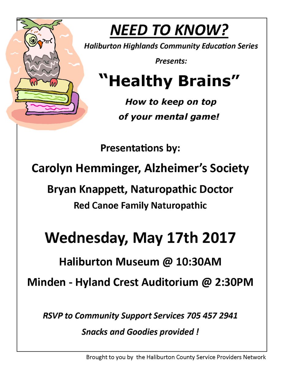 CECCAC's tweet photo. Haliburton Highlands Community Education Series presents "Healthy Brains" How to keep on top of your mental game! https://t.co/SuDUpXdDck