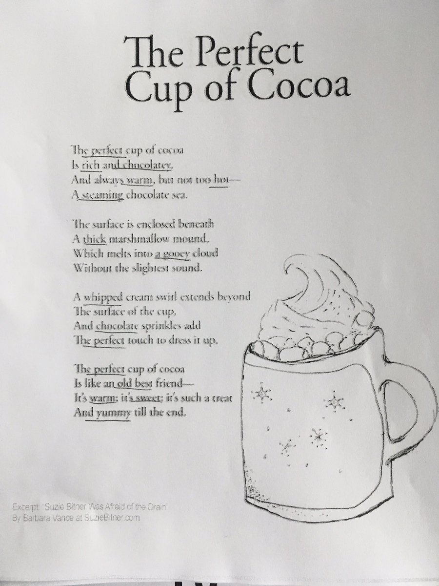 Room12Cronans's tweet photo. Ms. Howard taught us a poem today about the perfect cup of hot chocolate. As a treat we made it and are enjoying it before our big day!🤗 https://t.co/avbKyRO1bG