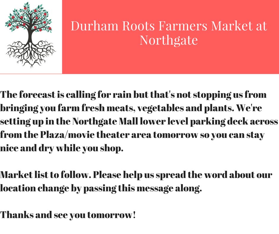 We're moving the market into the parking deck tomorrow so you can stay nice and dry while you shop <a href="/NorthgateDurham/">NorthgateMall Durham</a> #durhamfresh #dryandcozy