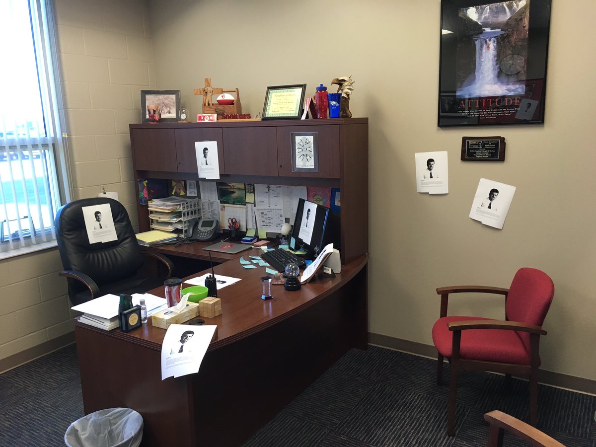 LanceCuster17's tweet photo. Nothing like a little harmless 8th grade prank!  You guys will definitely be missed at HMS.  Thanks for a great year! #HugotonSchools https://t.co/UlZJMC3yyH
