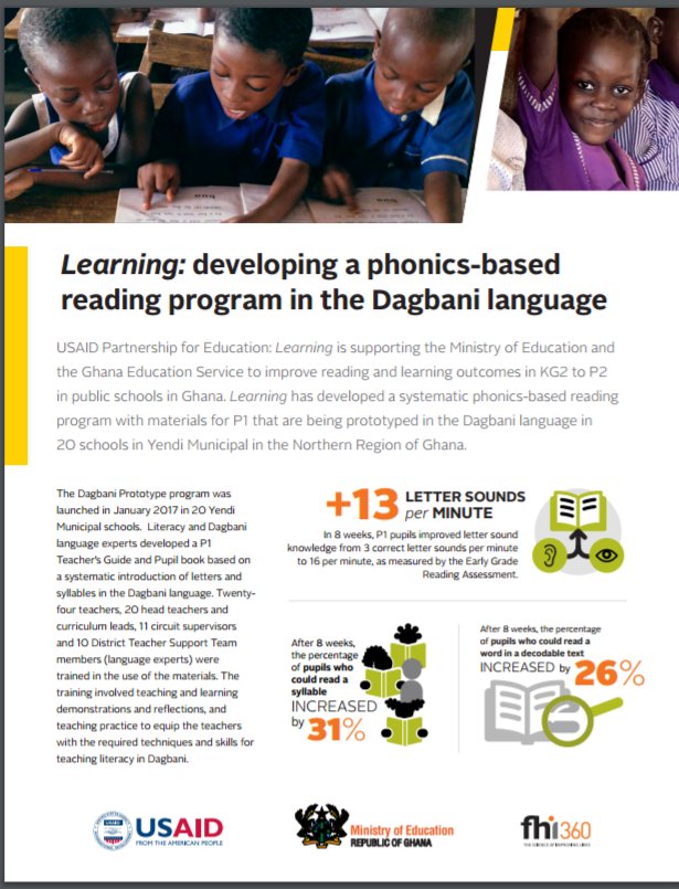 fhi360's tweet image. Fact Sheet: Developing a Phonics-based Reading Program in the Dagbani Language. bit.ly/2r85ieX #LocalLang